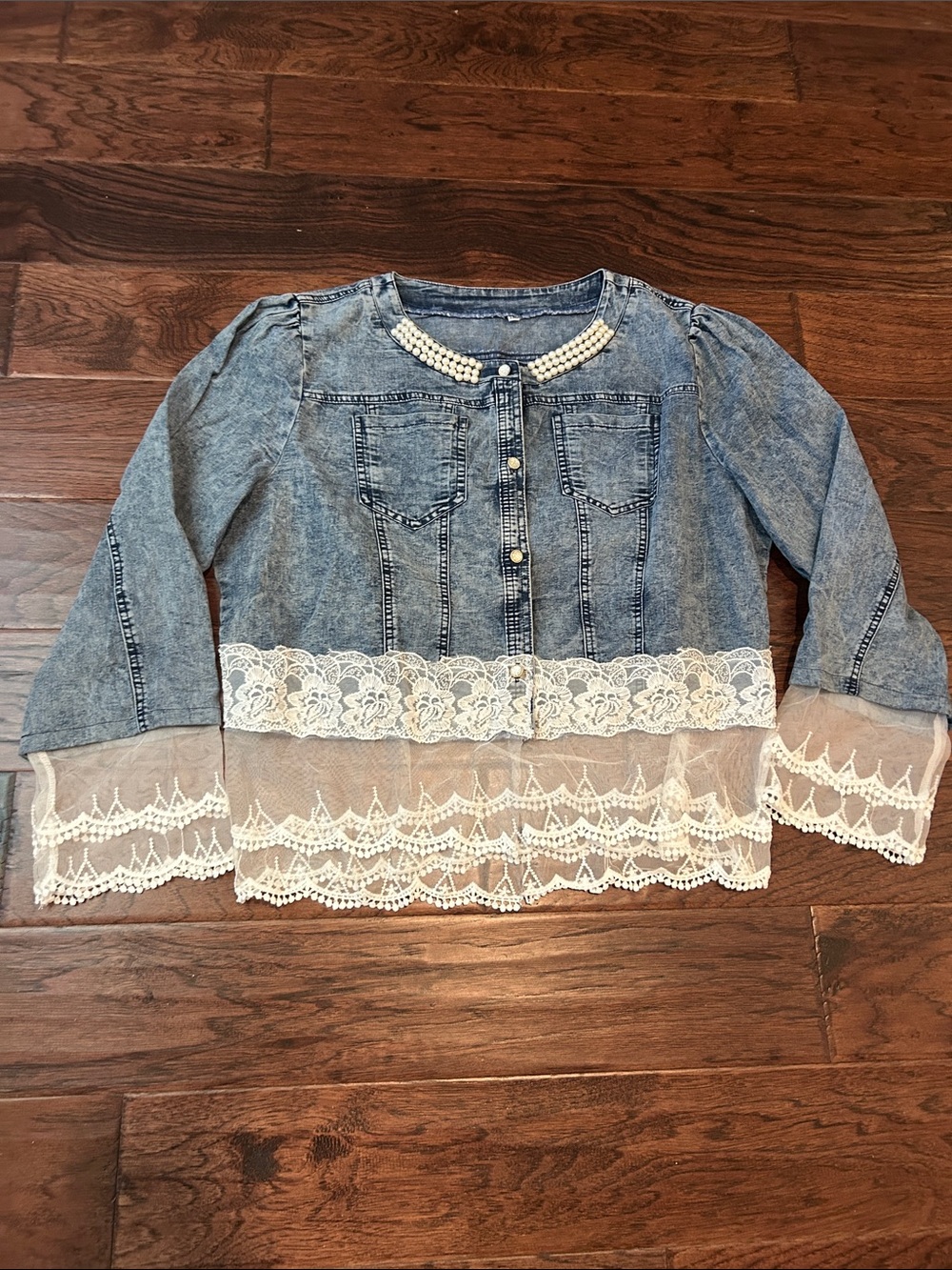 Denim Lace-Trim Button Front Top with Pearl Collar